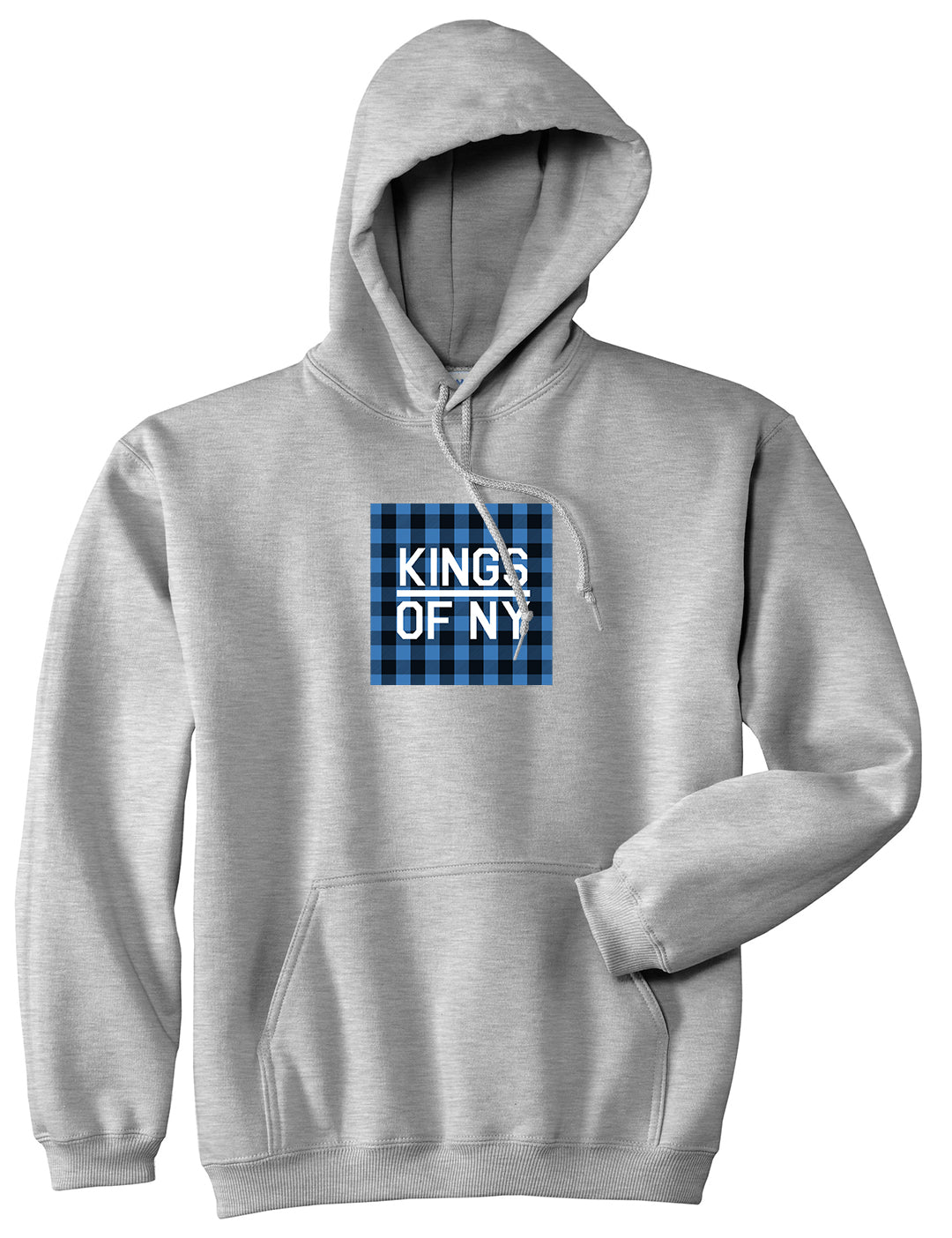 Blue Buffalo Plaid Box Logo Mens Pullover Hoodie Grey by Kings Of NY