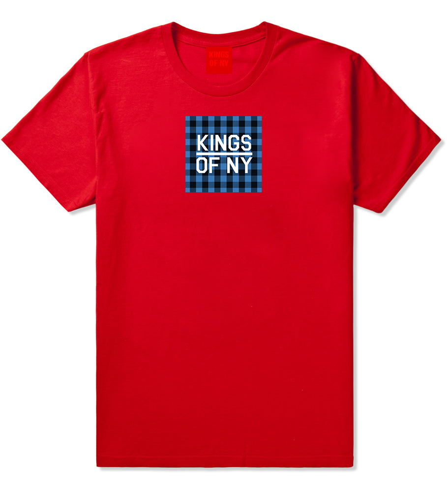 Blue Buffalo Plaid Box Logo Mens T-Shirt Red by Kings Of NY