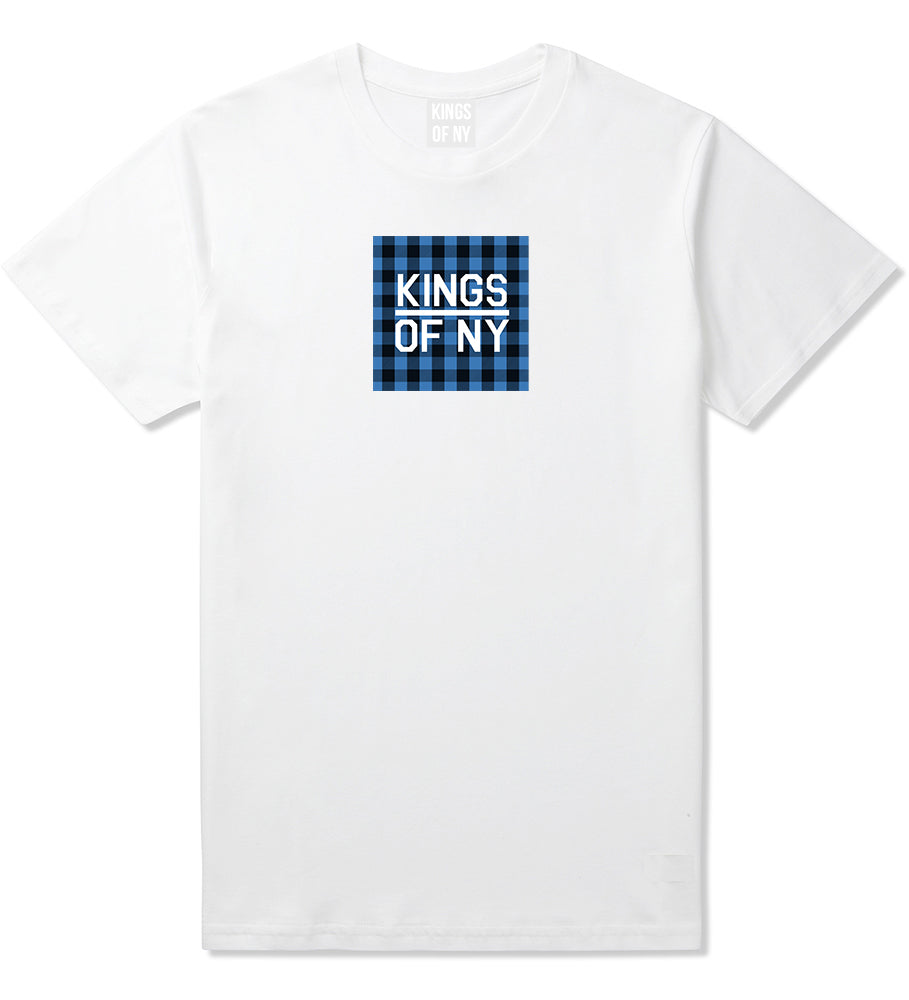 Blue Buffalo Plaid Box Logo Mens T-Shirt White by Kings Of NY