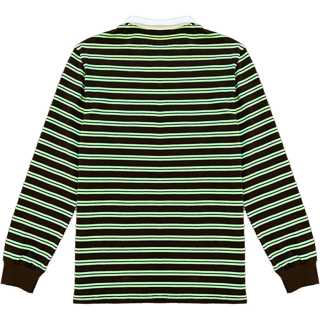 Brown And Lime Green Double Striped Mens Long Sleeve Rugby Shirt Back