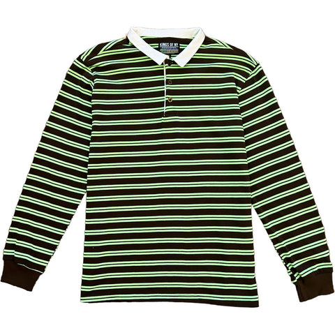 Brown And Lime Green Double Striped Mens Long Sleeve Rugby Shirt