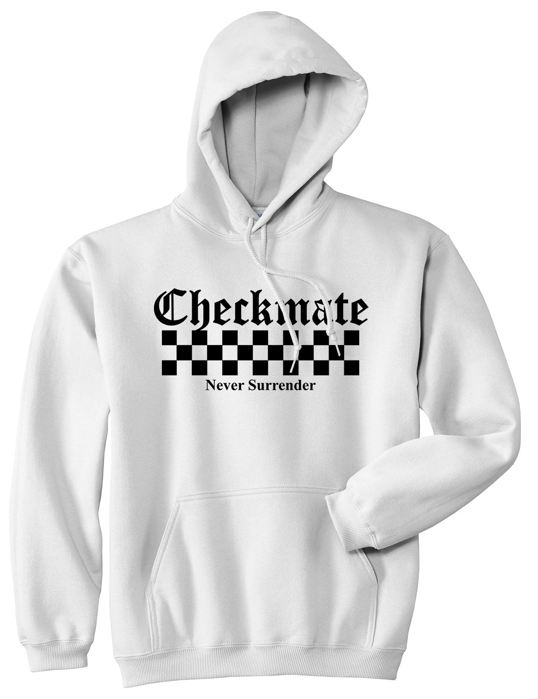 Checkmate Never Surrender Chess Mens Pullover Hoodie White