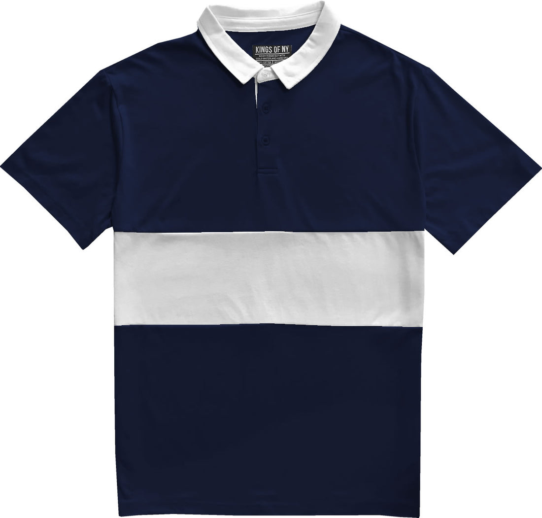 Classic Navy Blue And White Striped Mens Short Sleeve Polo Rugby Shirt