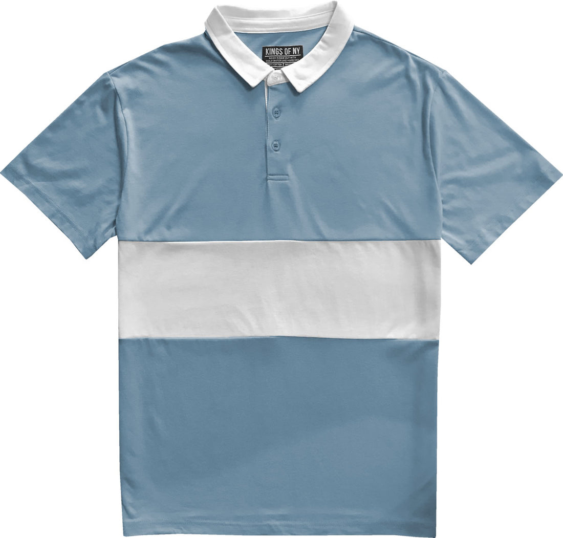 Classic Smoke Blue And White Striped Mens Short Sleeve Polo Rugby Shirt