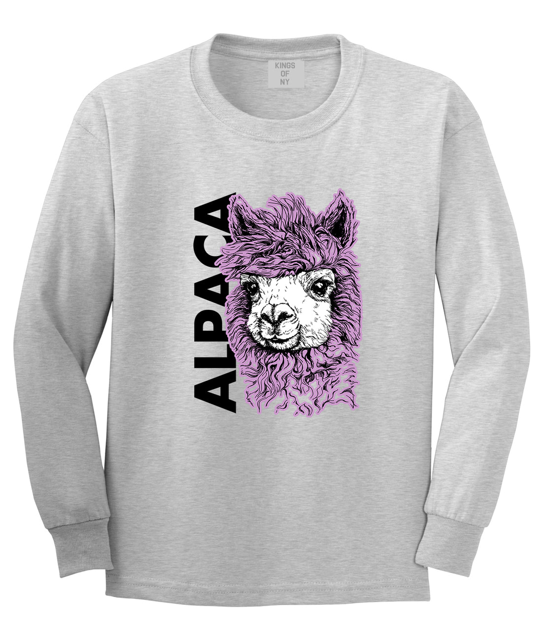 Cute Alpaca Face Grey Long Sleeve T-Shirt by Kings Of NY