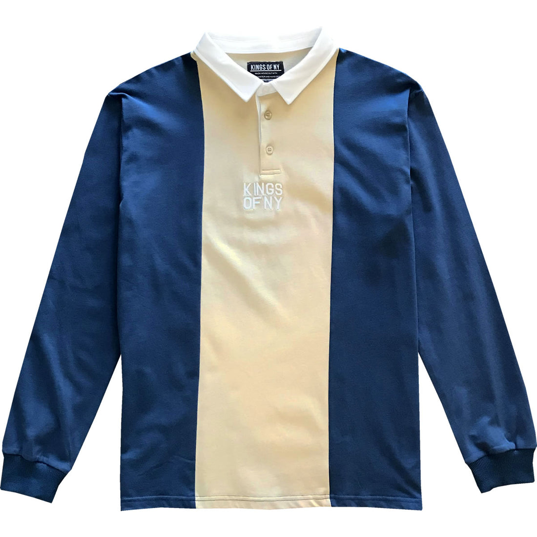 Dusty Blue and Tan Logo Vertical Striped Long Sleeve Rugby Shirt
