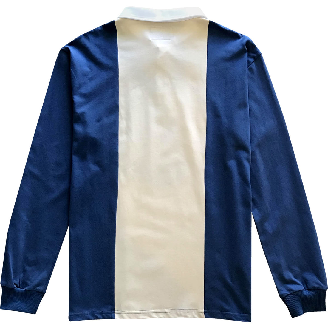 Dusty Blue and Tan Logo Vertical Striped Long Sleeve Rugby Shirt Back