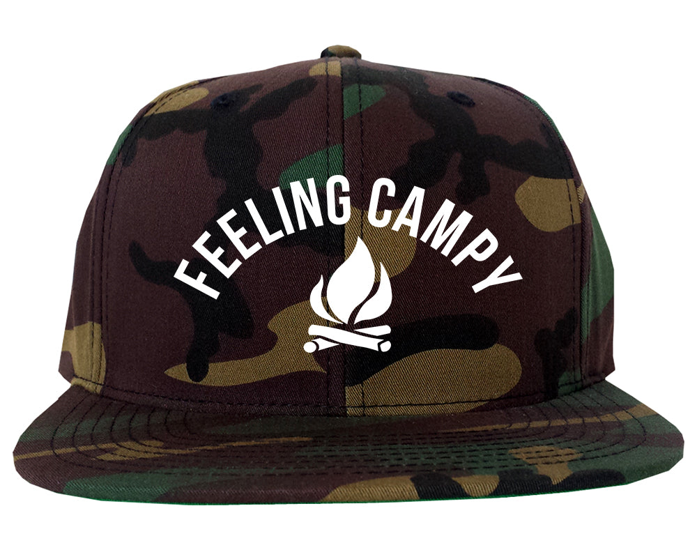 Feeling Campy Camp Fire Outdoor Mens Snapback Hat Green Camo