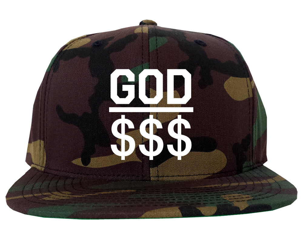 God Over Money Mens Snapback Hat Green Camo