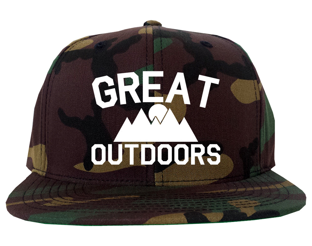 Great Outdoors Camping Mens Snapback Hat Green Camo