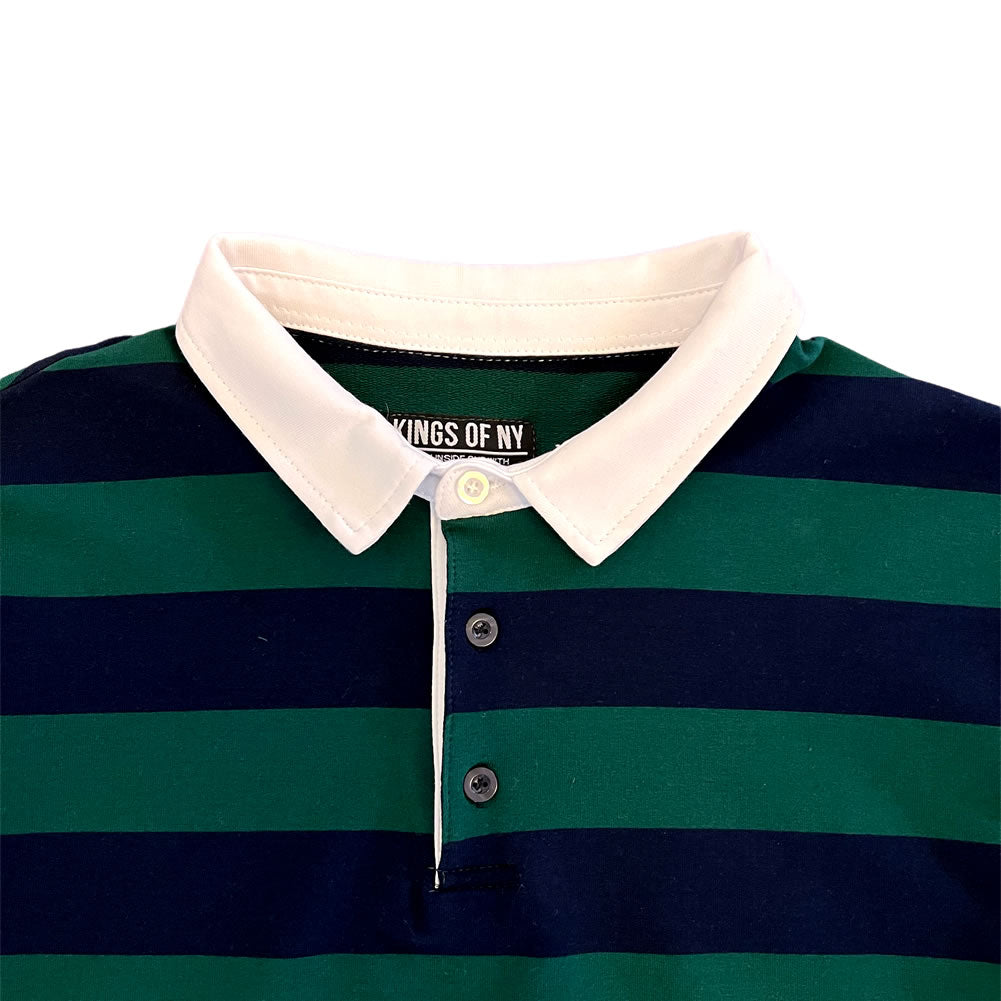 Green and Navy Blue Stripe Mens Short Sleeve Rugby Shirt Detail