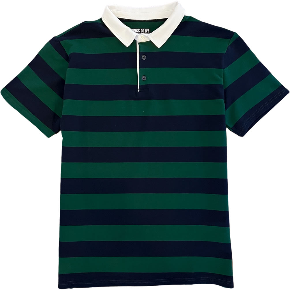 Green and Navy Blue Stripe Mens Short Sleeve Rugby Shirt