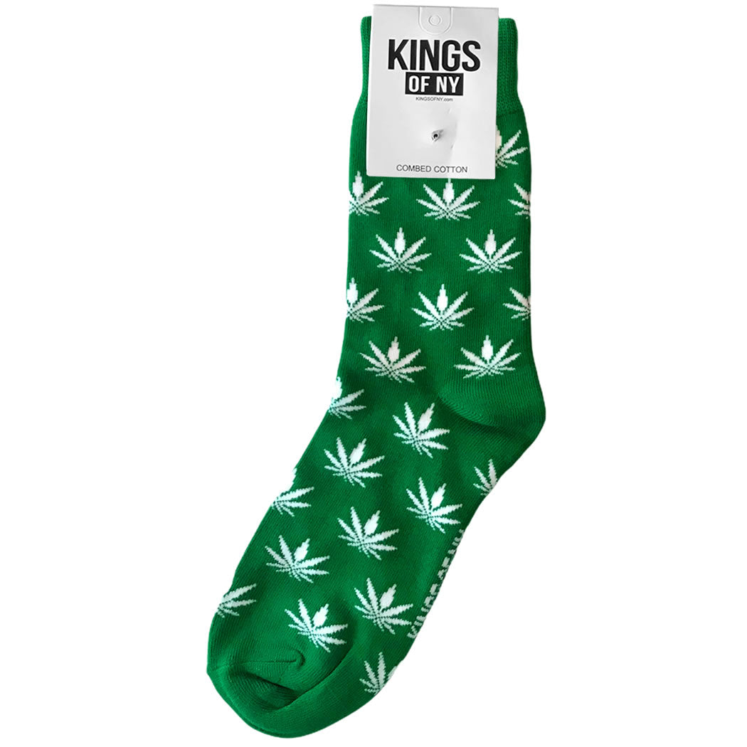 Green And White Marijuana Weed Leaf Pattern Mens Crew Socks
