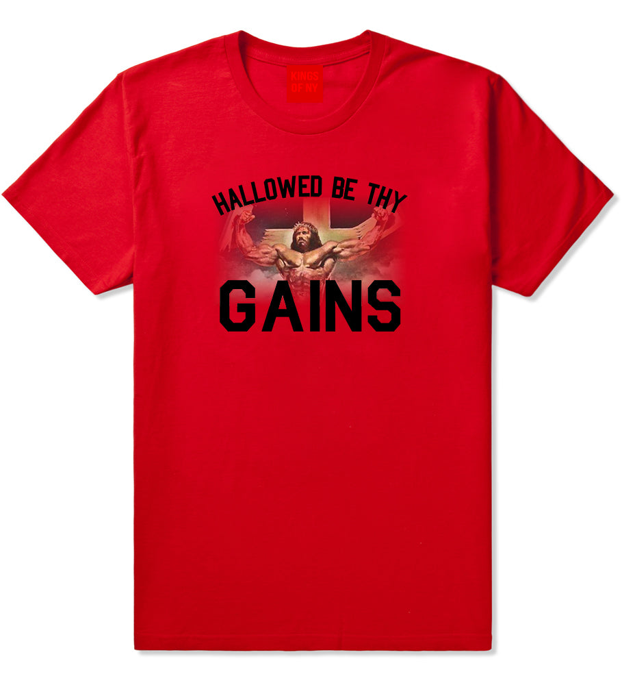 Hallowed Be Thy Gains Jesus Work Out Mens T Shirt Red