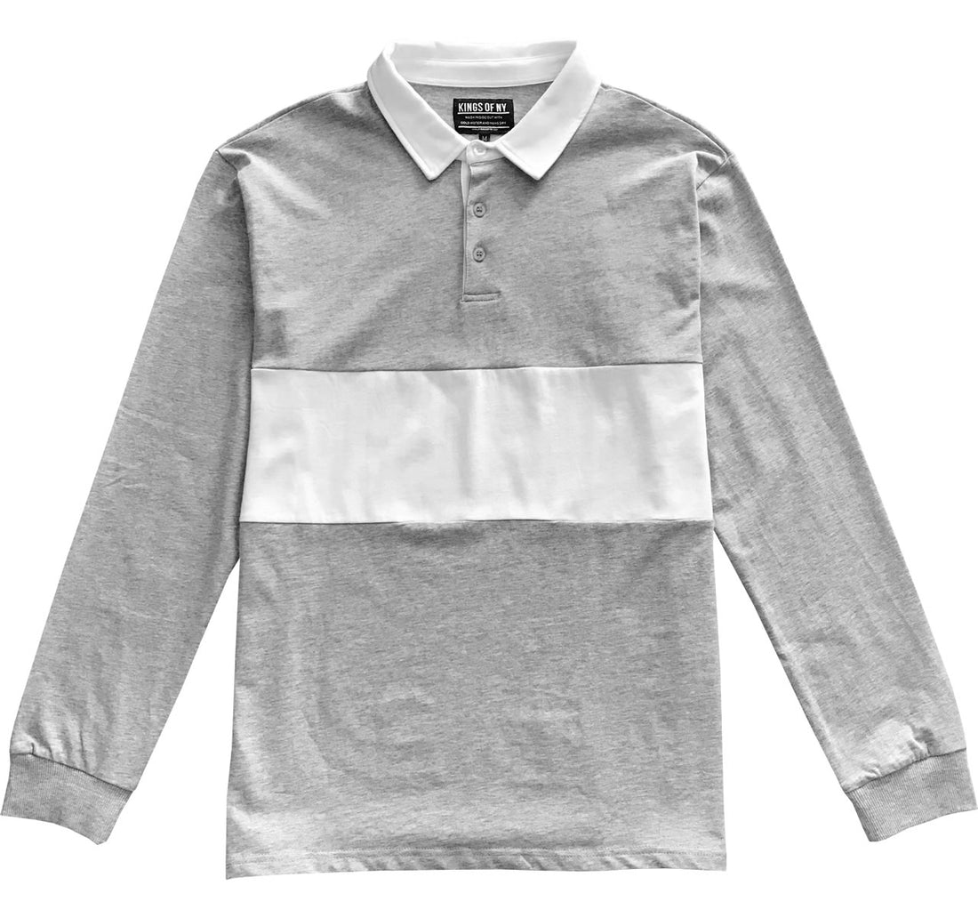 Mens Heather Grey and White Striped Long Sleeve Polo Rugby Shirt