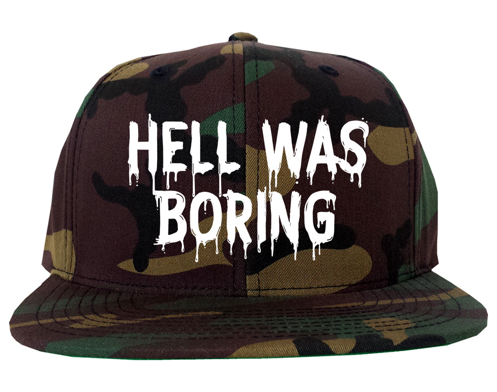 Hell Was Boring Mens Snapback Hat Green Camo