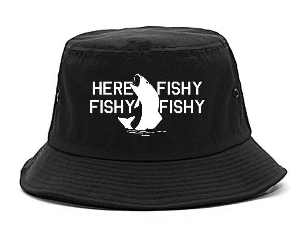Here Fishy Fishy Fishy Fisherman Mens Bucket Hat by Kings of NY Black / Os