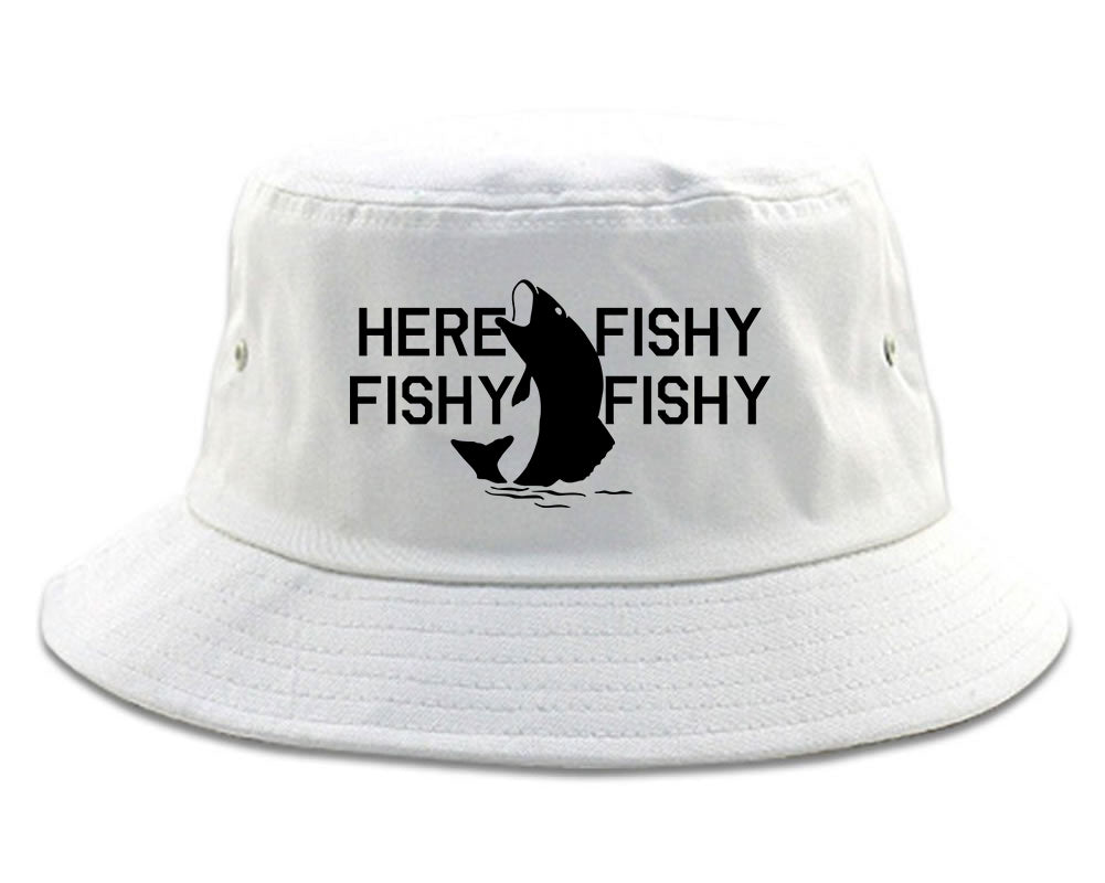 Here Fishy Fishy Fishy Fisherman Mens Bucket Hat by Kings of NY White / Os