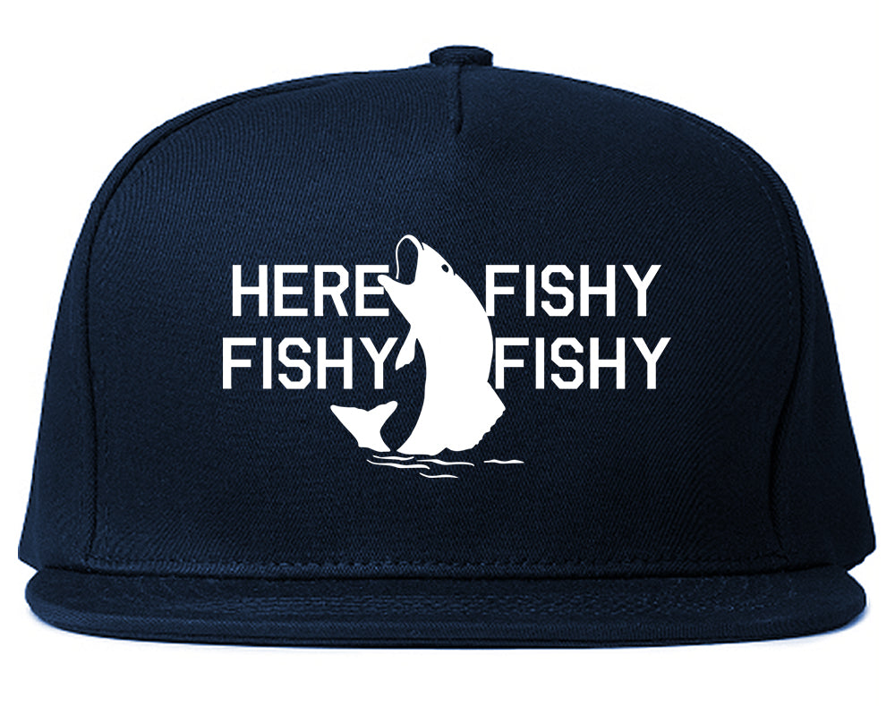 Here Fishy Fishy Fishy Fisherman Mens Snapback Hat Navy Blue