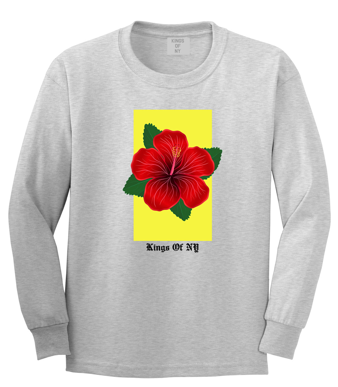 Hibiscus Flower Red Yellow Mens Long Sleeve T-Shirt Grey