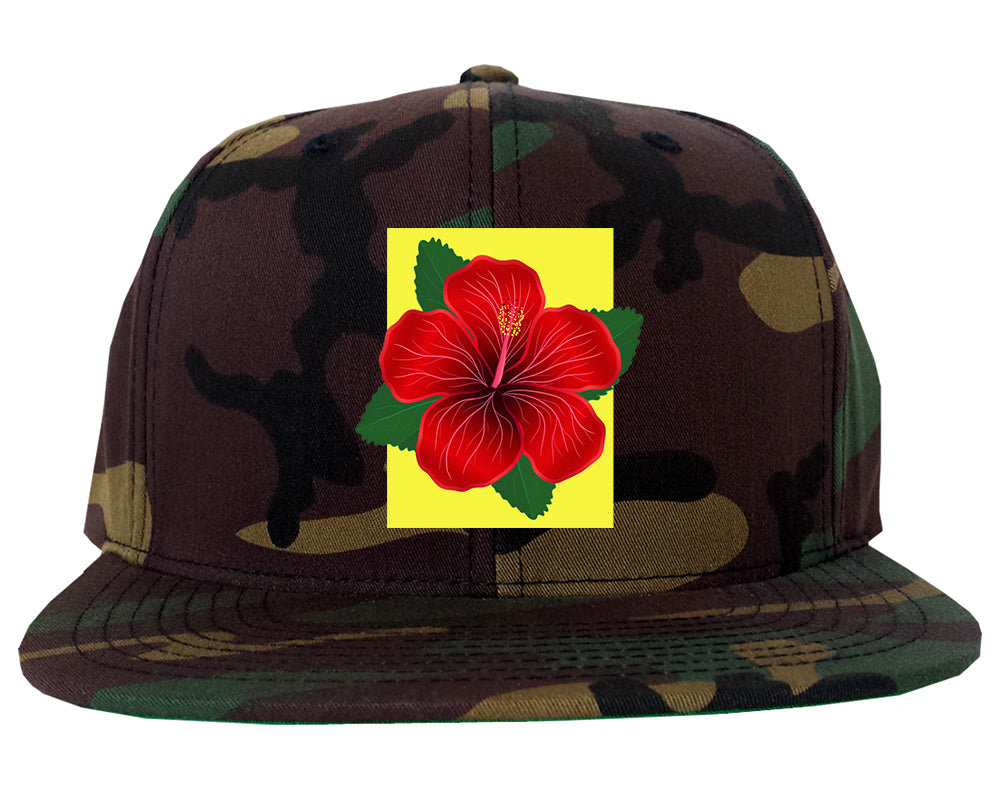 Hibiscus Flower Red Yellow Mens Snapback Hat Green Camo
