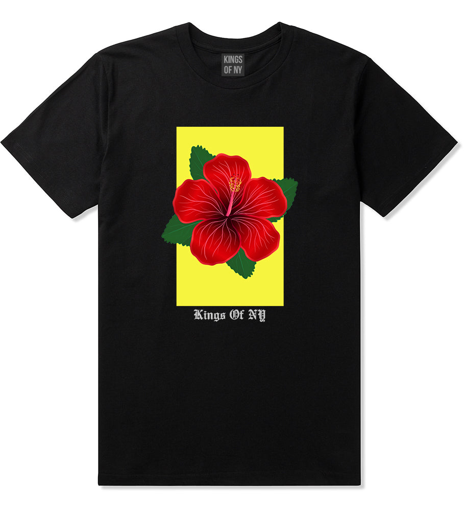 Hibiscus Flower Red Yellow Mens T Shirt Black