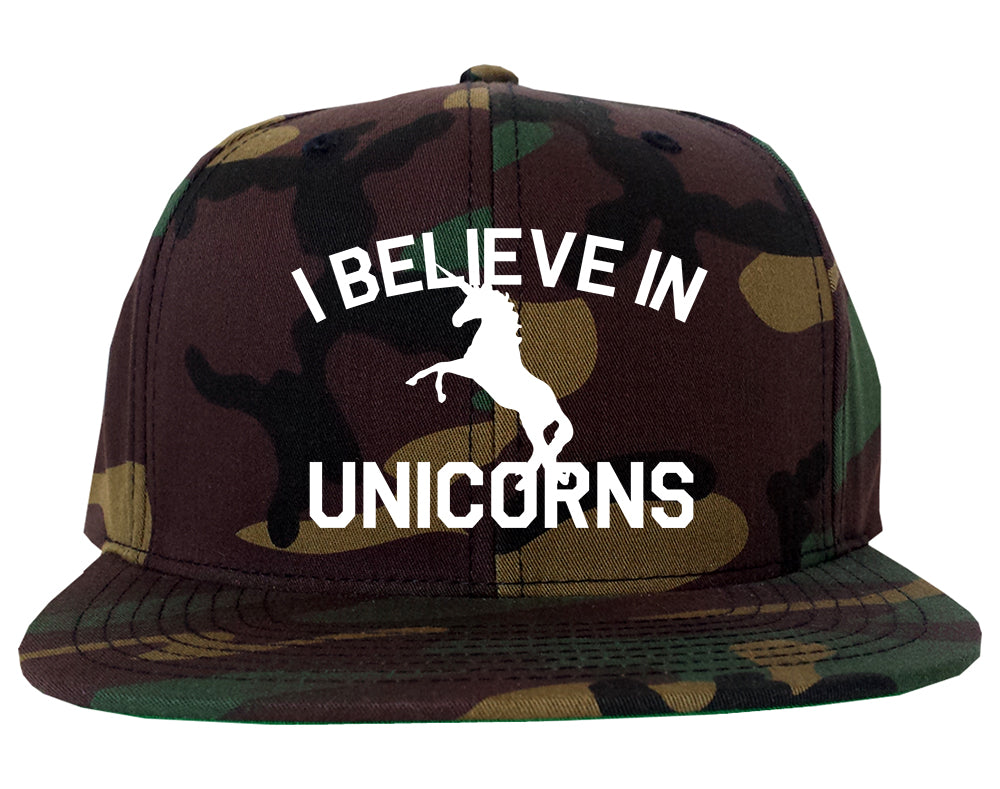 I Believe In Unicorns Mens Snapback Hat Green Camo