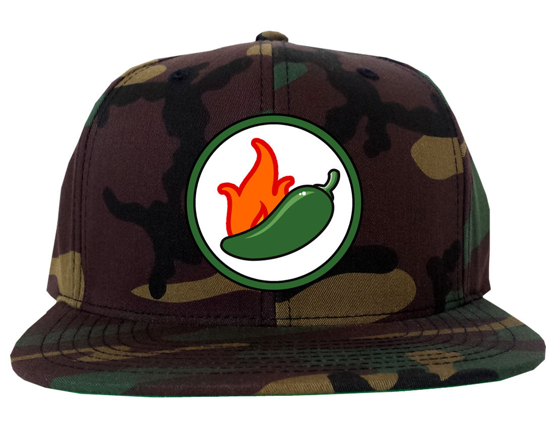 Jalapeno Hot Pepper Chest Mens Snapback Hat Green Camo