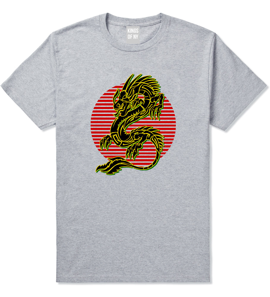 Japanese Dragon Red Sun Mens T Shirt Grey