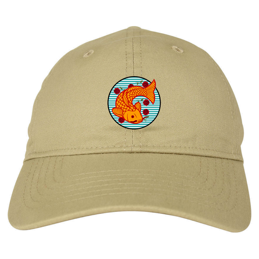 Japanese Koi Fish Print Mens Dad Hat Baseball Cap Tan