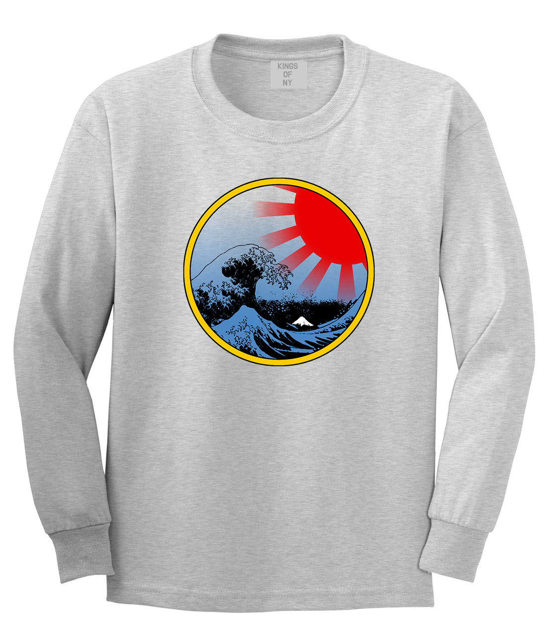 Japanese Wave Print Mens Long Sleeve T-Shirt Grey