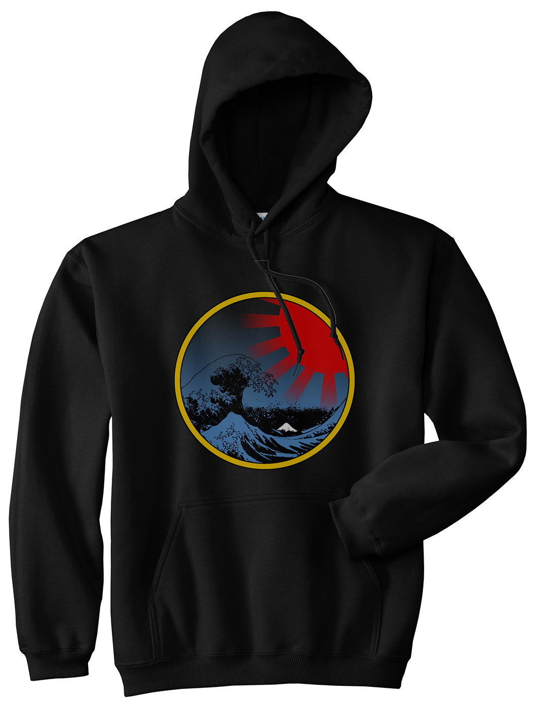 Japanese Wave Print Mens Pullover Hoodie Black