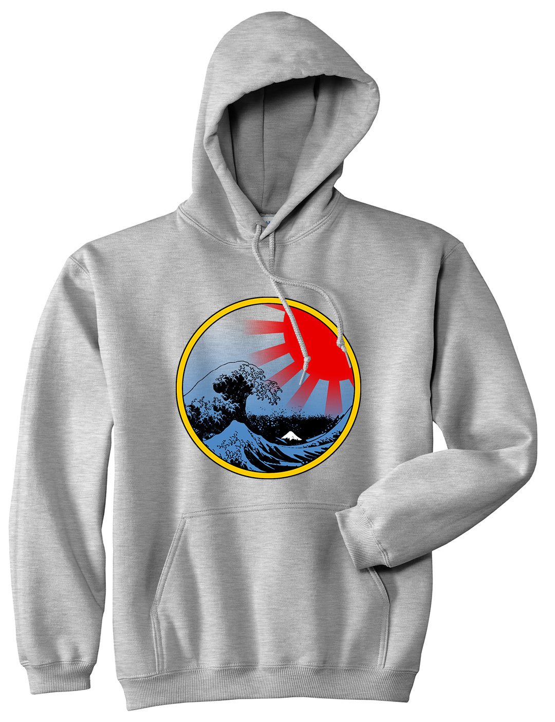 Japanese Wave Print Mens Pullover Hoodie Grey