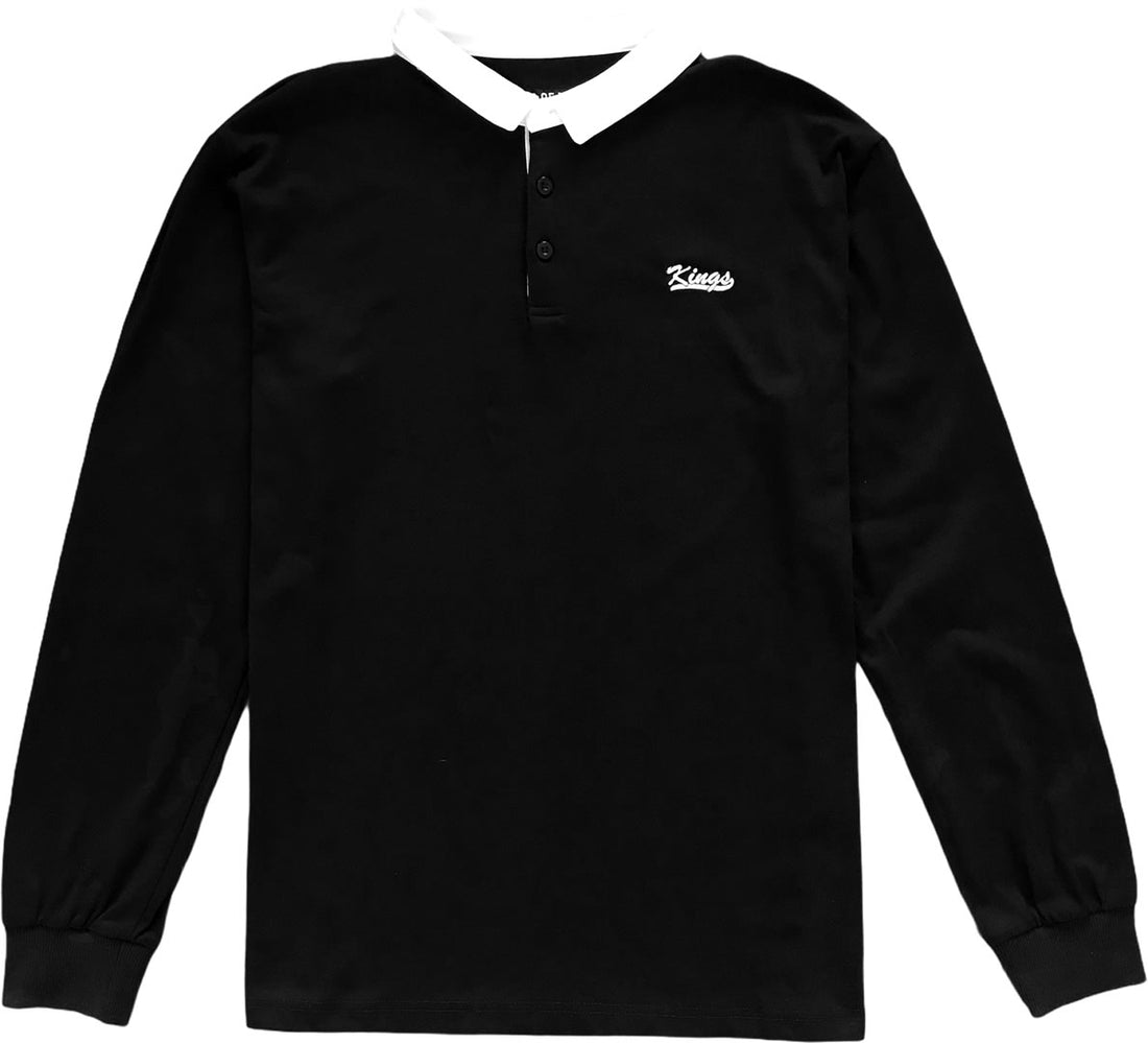 Kings Embroidered Black Long Sleeve Polo Rugby Shirt