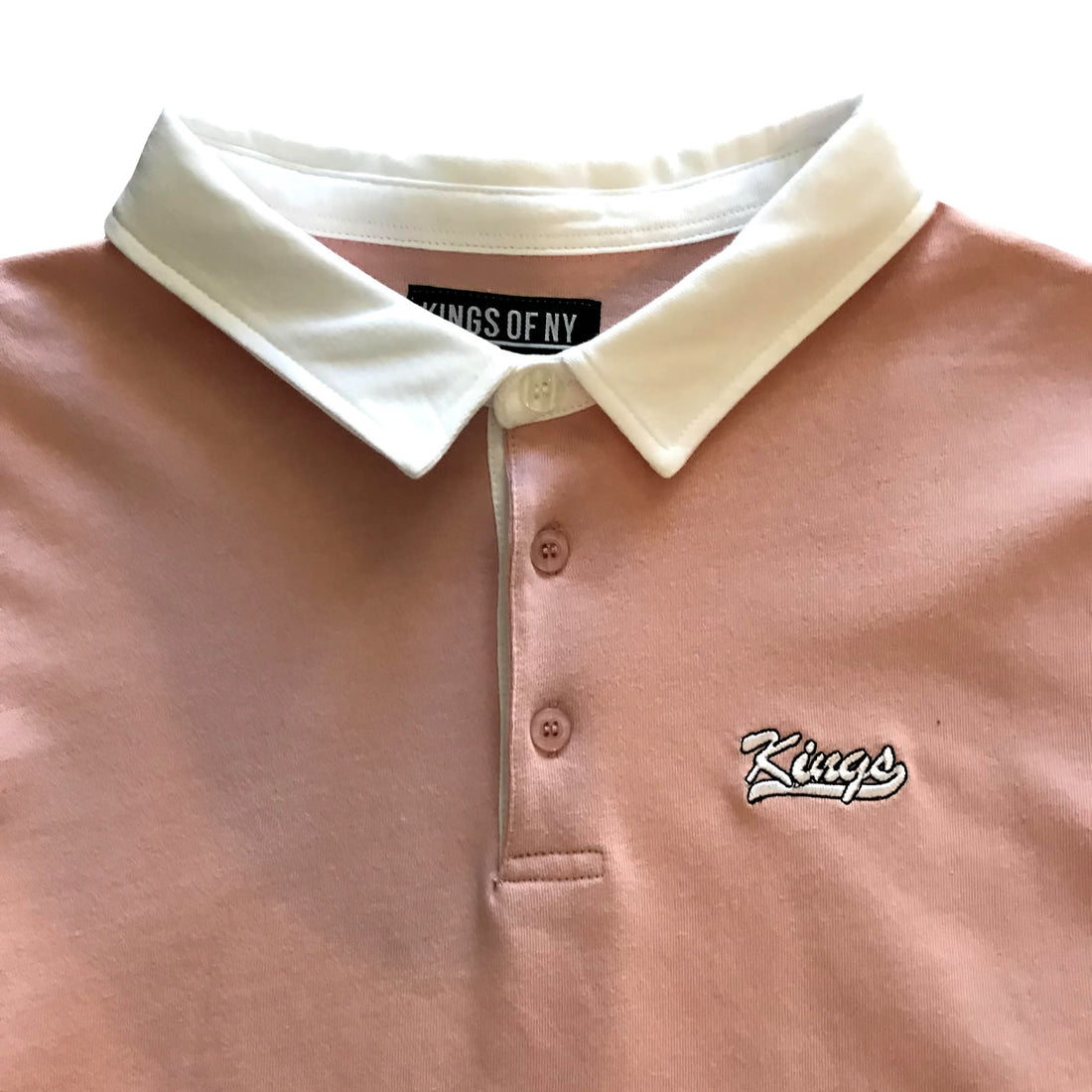 Kings Embroidered Dusty Pink Long Sleeve Polo Rugby Shirt Detail