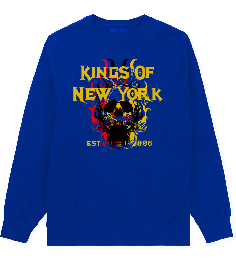 Kings Of New York Burning Skulls Mens Crewneck Sweatshirt Royal Blue By Kings Of NY