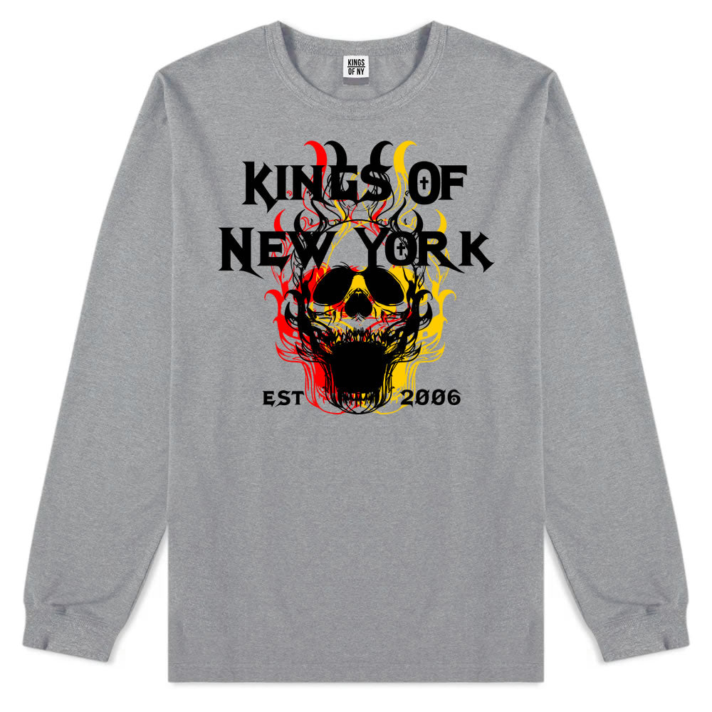 Kings Of New York Burning Skulls Mens Long Sleeve T-Shirt Grey By Kings Of NY