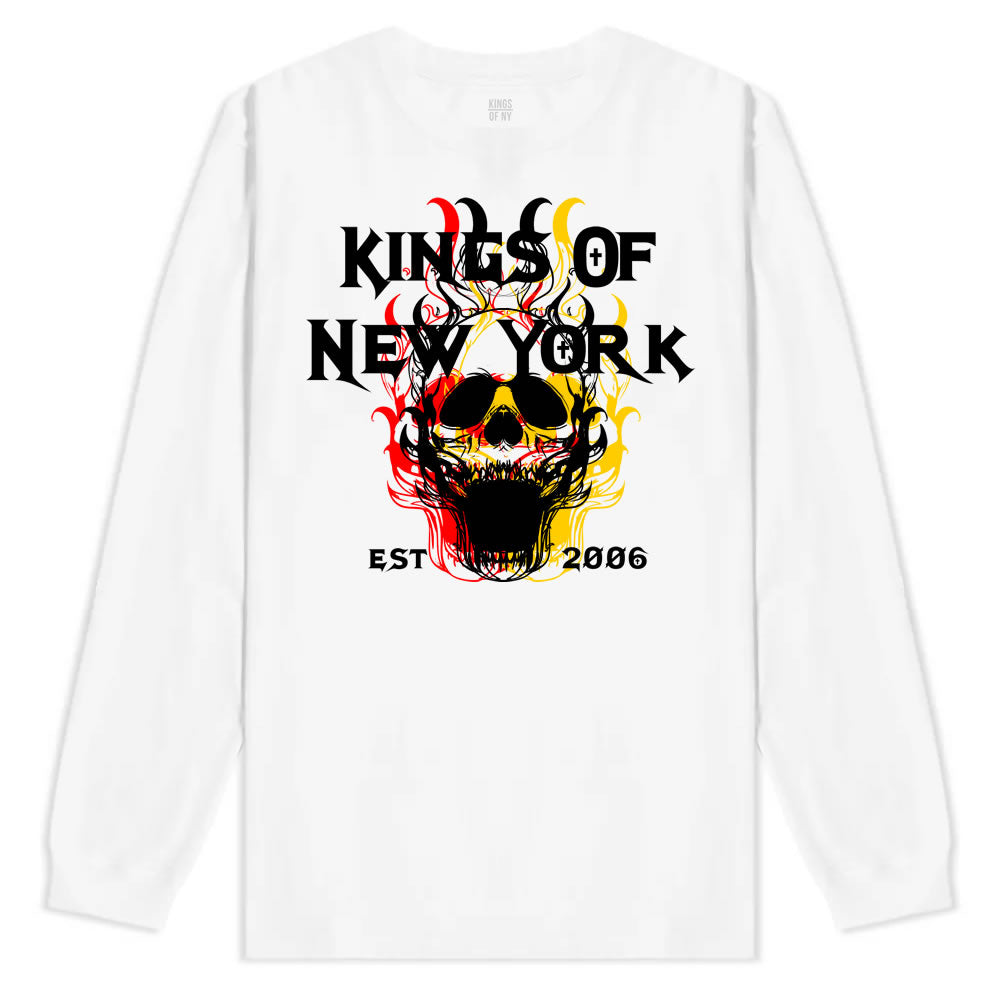 Kings Of New York Burning Skulls Mens Long Sleeve T-Shirt White By Kings Of NY