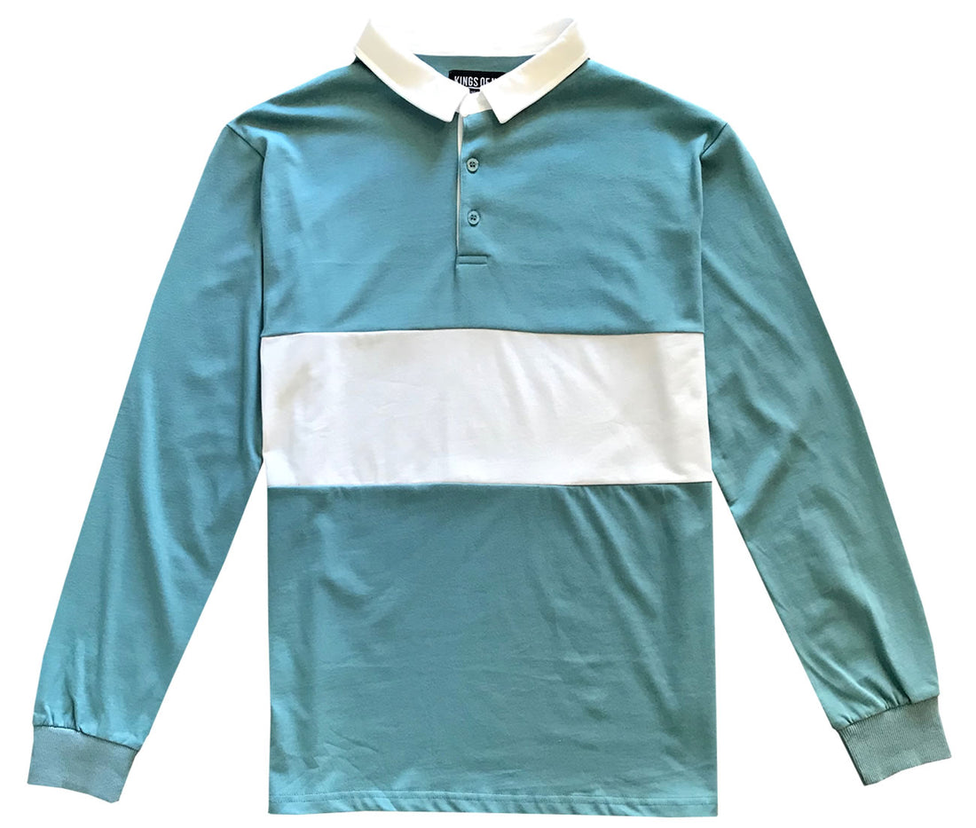 Mens Light Blue and White Striped Long Sleeve Polo Rugby Shirt