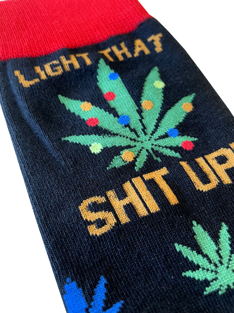Light That Shit Up Weed Leaf Christmas Mens Crew Socks Detail
