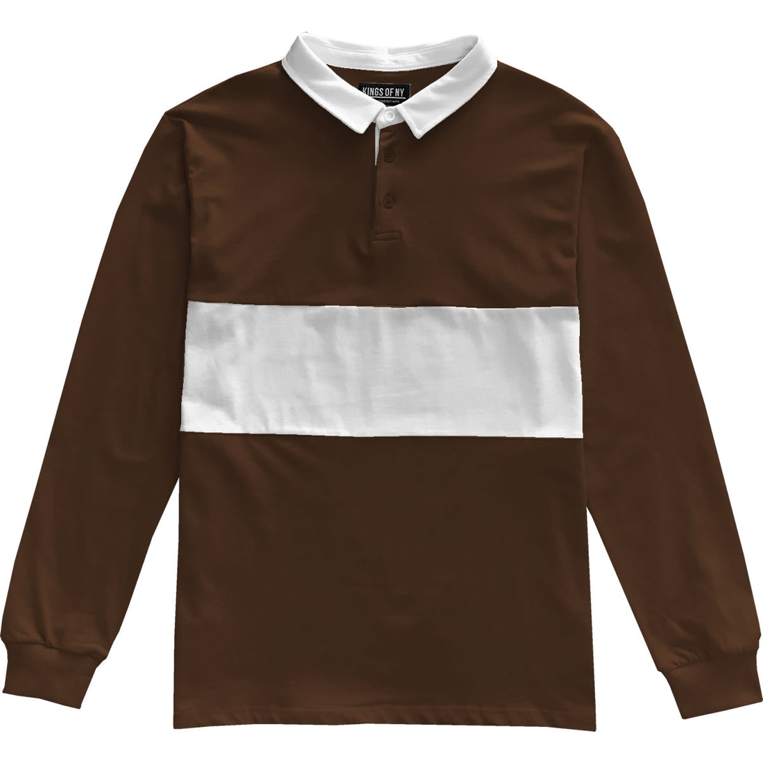 Mens Brown and White Striped Long Sleeve Polo Rugby Shirt