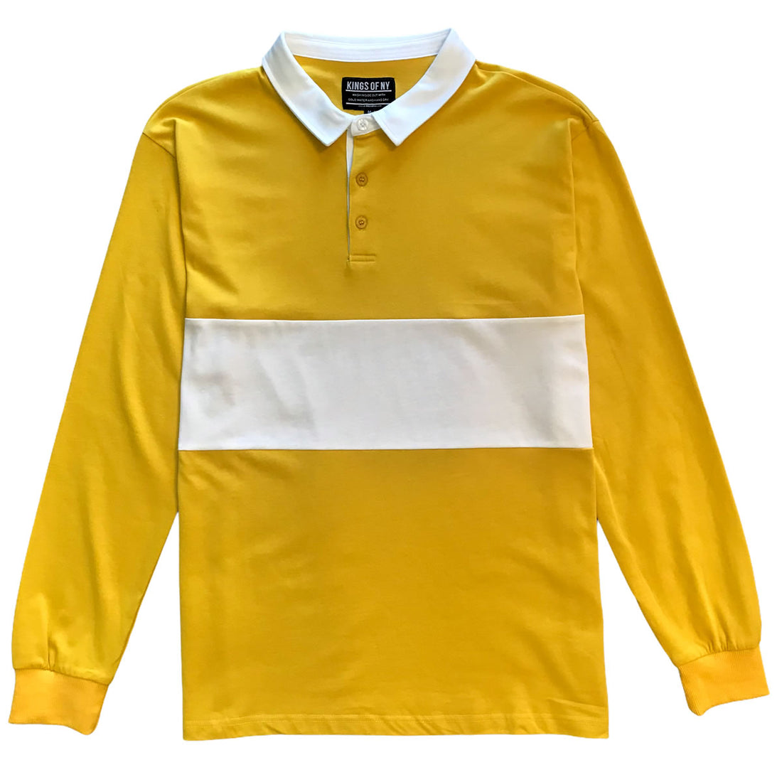 Mens Yellow and White Striped Long Sleeve Polo Rugby Shirt