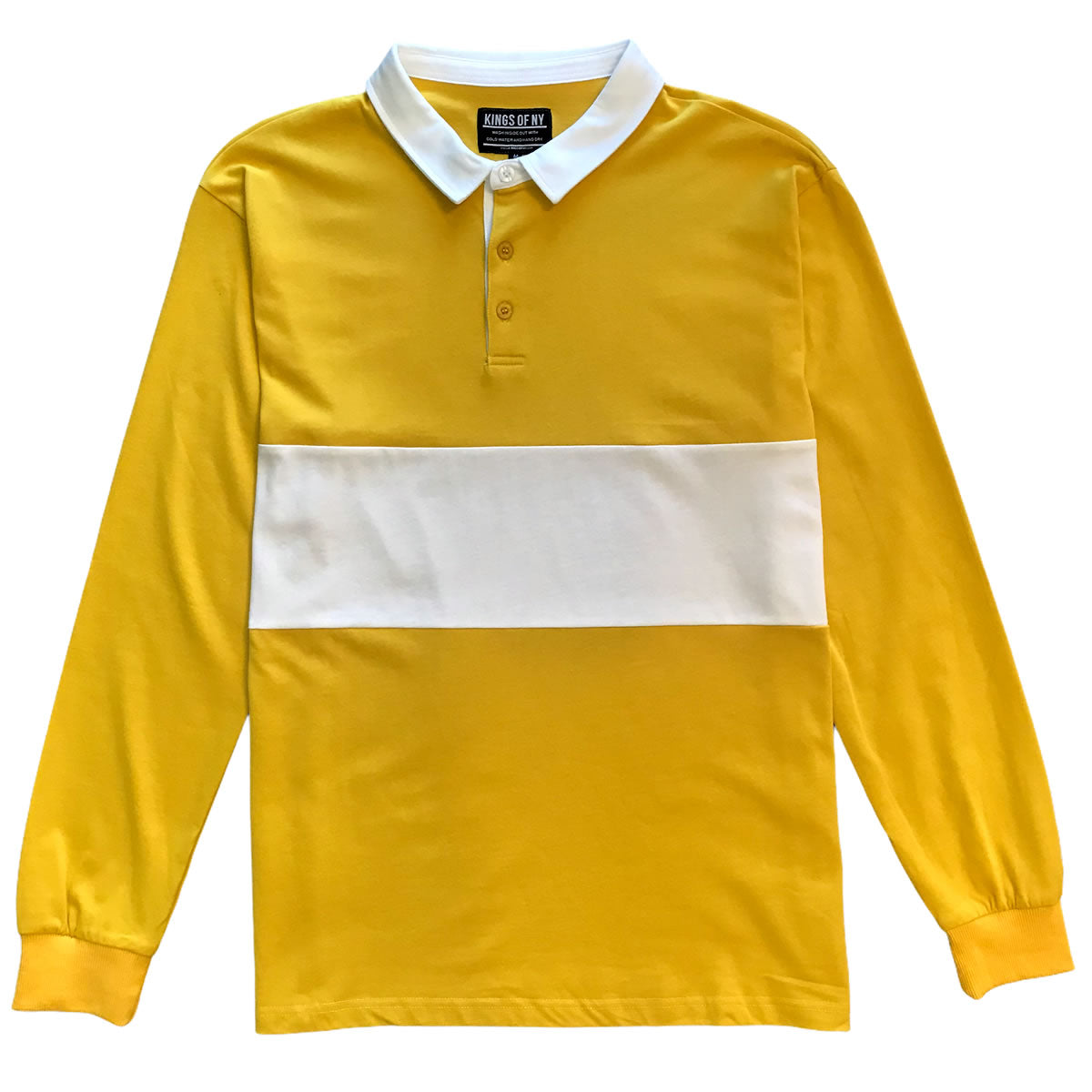 Mens Yellow and White Striped Long Sleeve Polo Rugby Shirt KINGS OF NY
