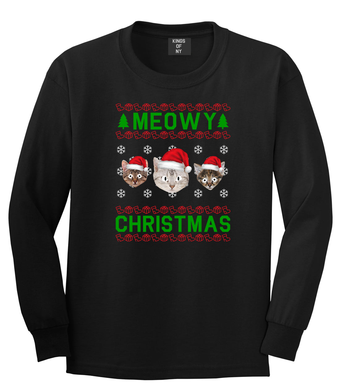 Meowy Christmas Cat Funny Ugly Black Mens Long Sleeve T-Shirt