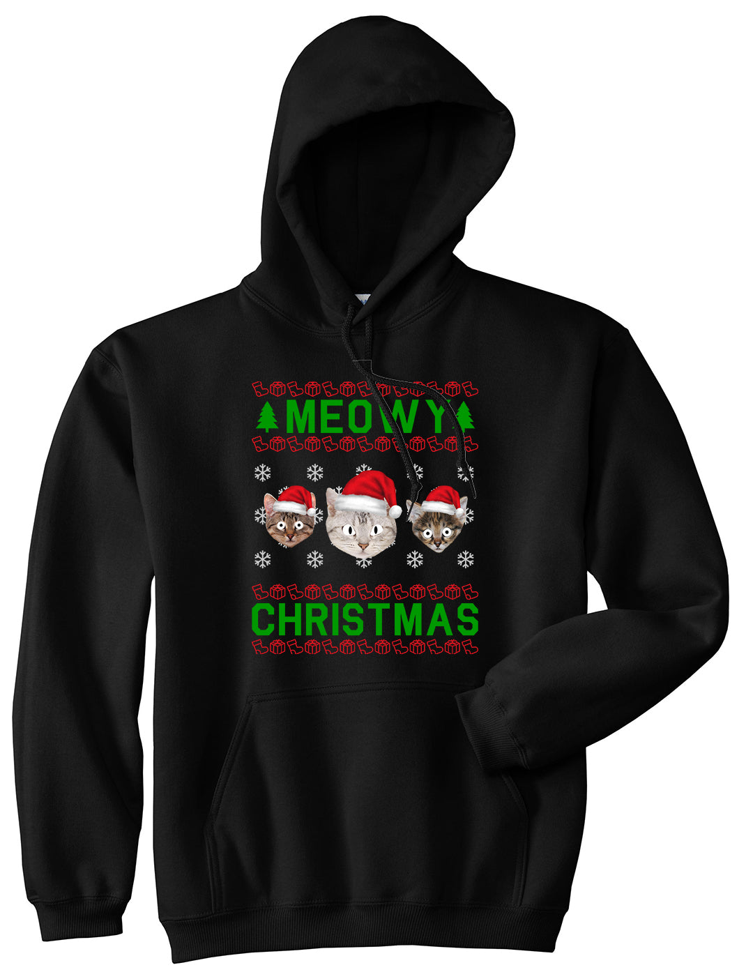 Meowy Christmas Cat Funny Ugly Black Mens Pullover Hoodie