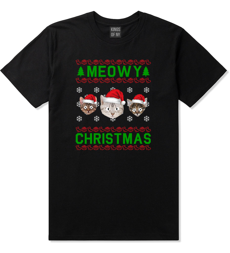Meowy Christmas Cat Funny Ugly Black Mens T-Shirt