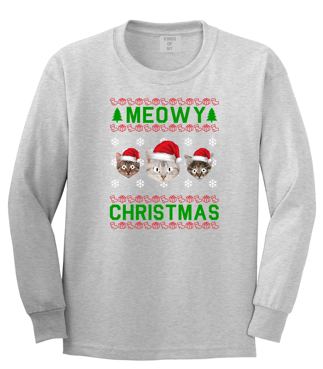 Meowy Christmas Cat Funny Ugly Grey Mens Long Sleeve T-Shirt
