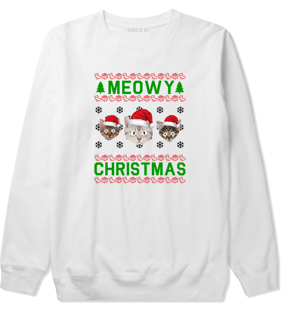 Meowy Christmas Cat Funny Ugly White Mens Crewneck Sweatshirt