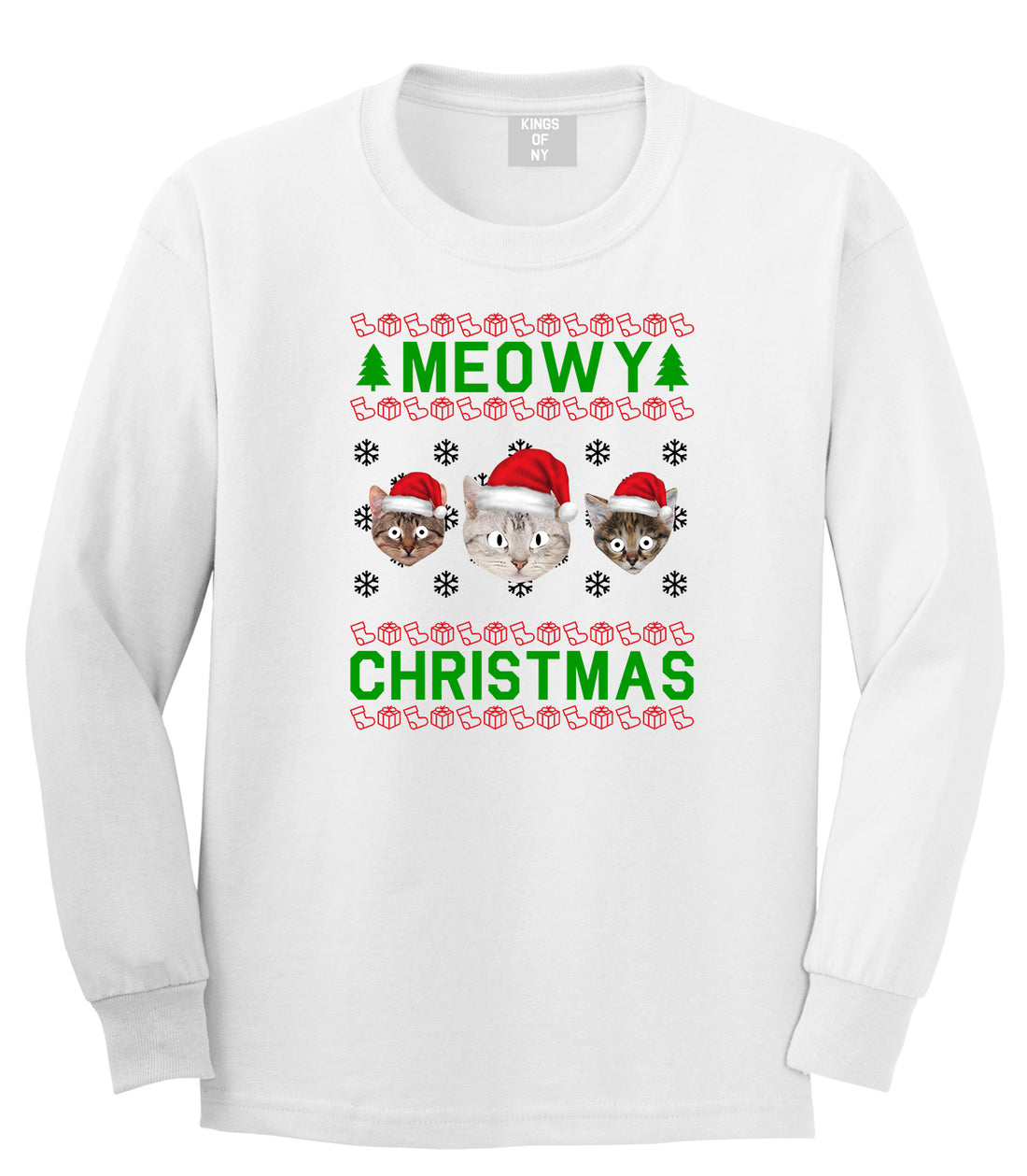 Meowy Christmas Cat Funny Ugly White Mens Long Sleeve T-Shirt