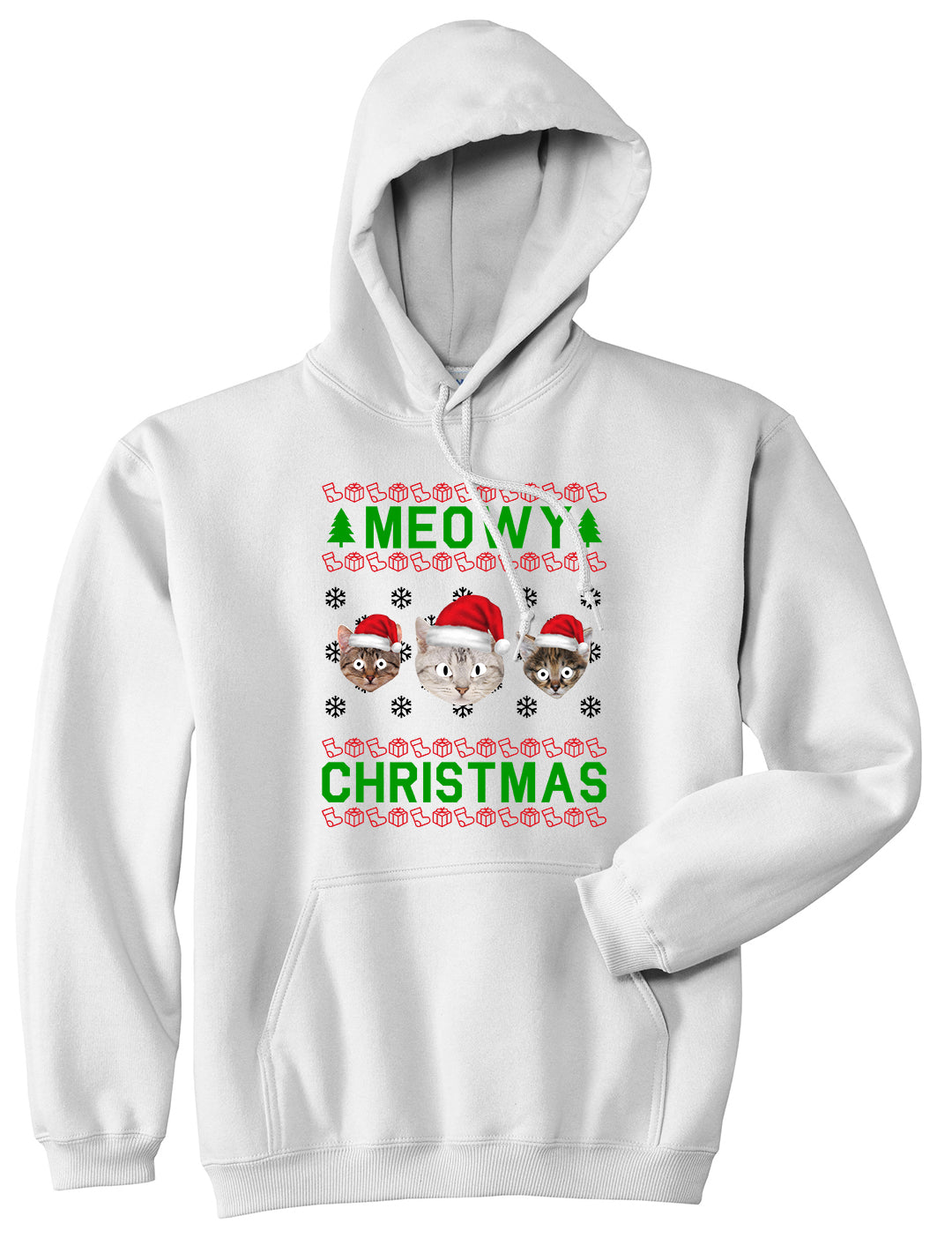 Meowy Christmas Cat Funny Ugly White Mens Pullover Hoodie